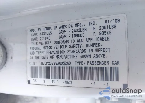 2009 Honda Accord 2.4 Ex из США, поврежденный, VIN 1HGCP26729A095260